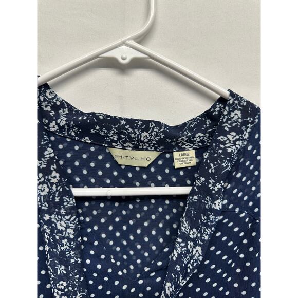 Anthro 11:1 TYLHO Navy Polka Dot Tie-Neck Dress L Breezy Retro Style Old Money - Picture 5 of 11